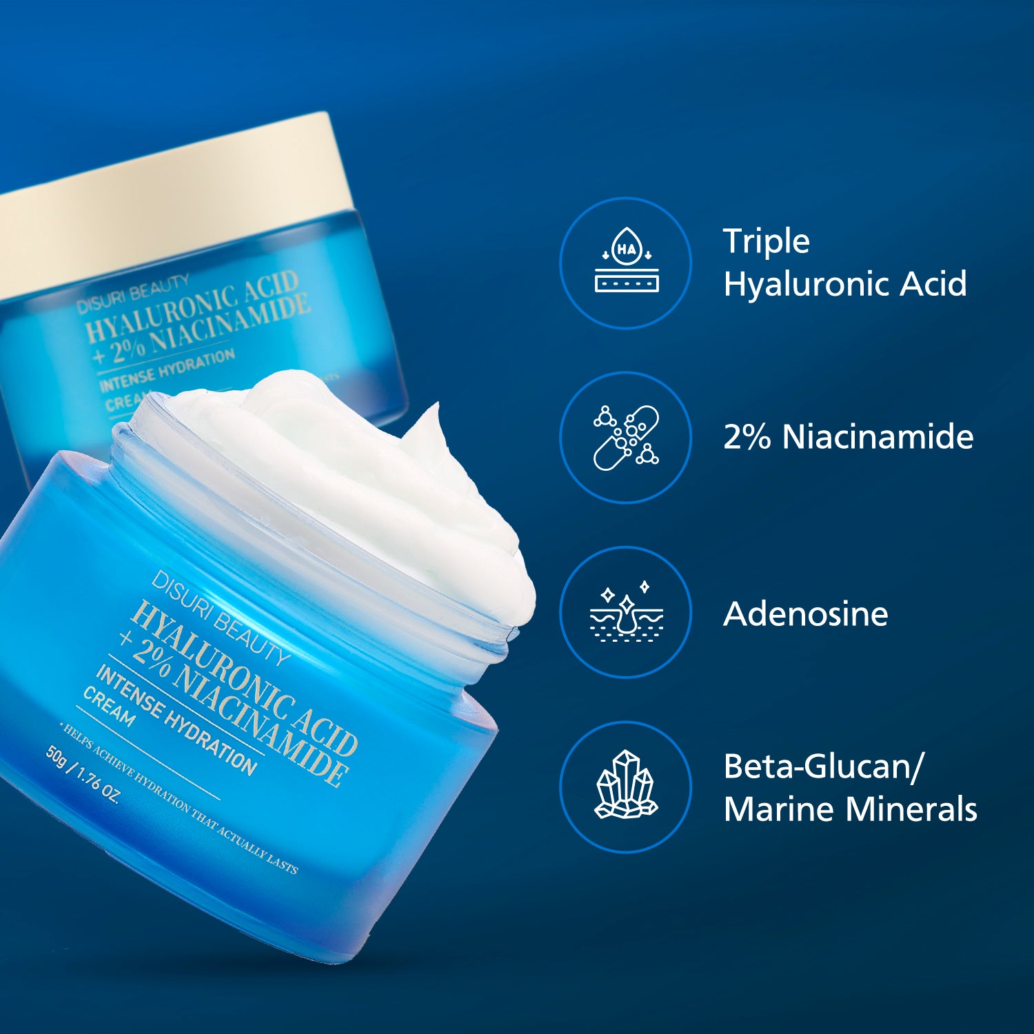 DISURI Hyaluronic Acid Intense Hydration Cream – Korean Barrier-Boosting Moisturizer with Triple HA + 2% Niacinamide
