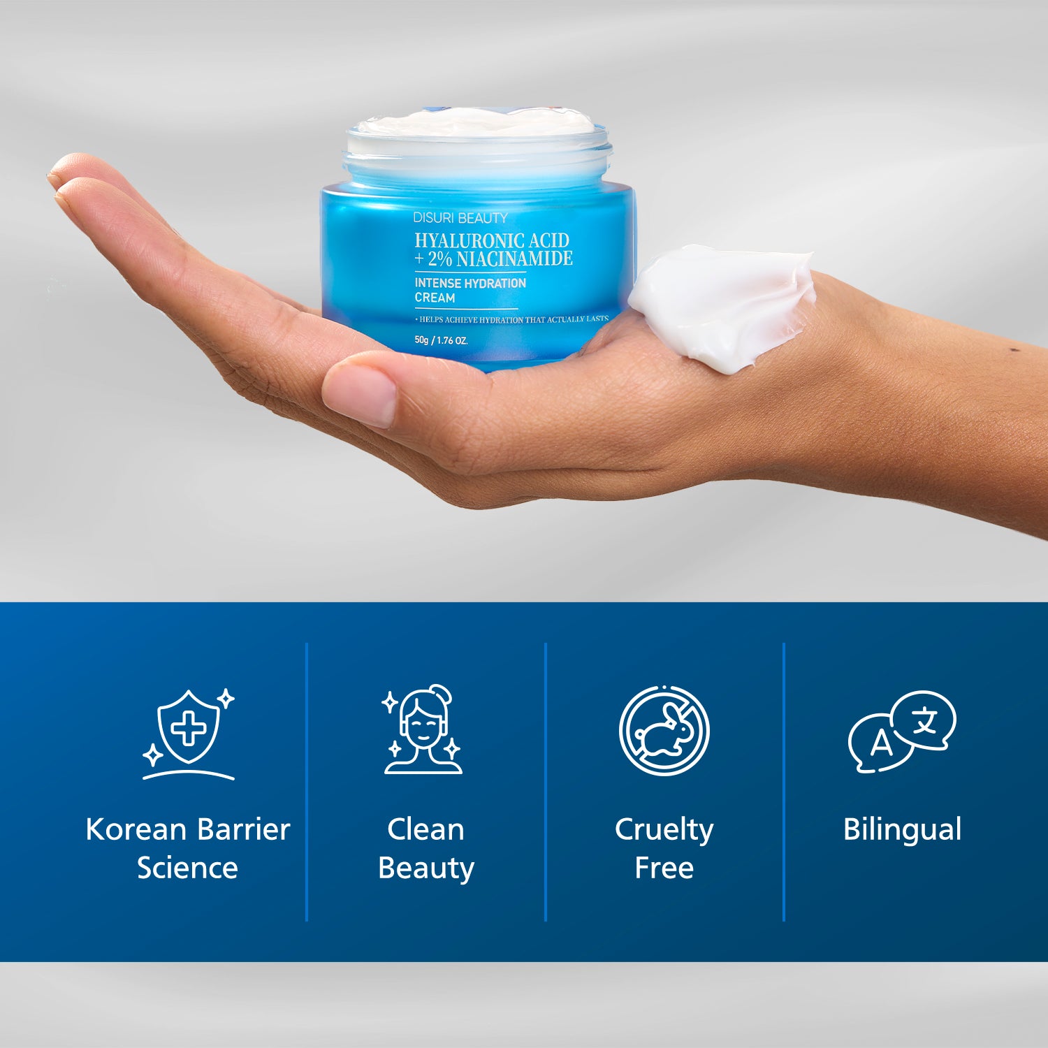 DISURI Hyaluronic Acid Intense Hydration Cream – Korean Barrier-Boosting Moisturizer with Triple HA + 2% Niacinamide